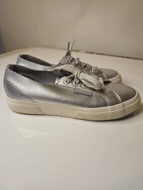Superga Unisex  Leather Metallic Silver‎ Lace-Up Sneakers Mens 5.5 Womans 7